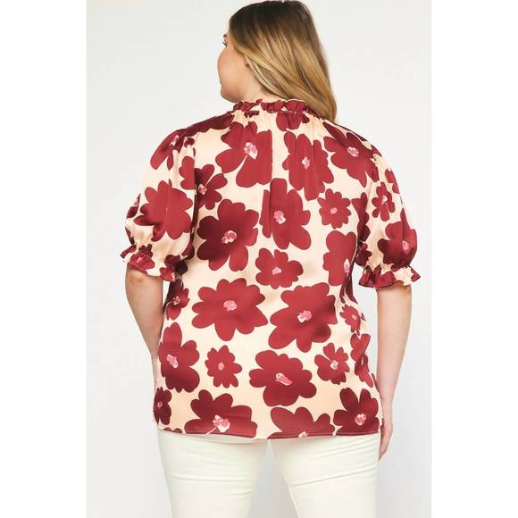 NEW ENTRO floral print mock neck top in burgundy - Picture 2 of 3